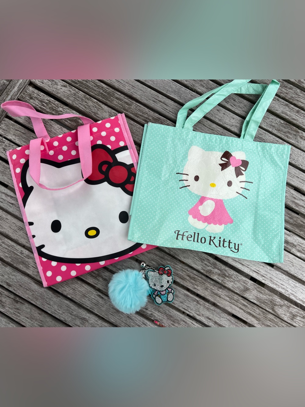 Hello Kitty bundle - Keychain with Blue Pom Pom and 2 small bags